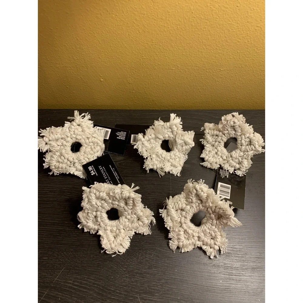 Robert Stanley Macrame Snowflake Napkin Rings Set of 5 Cream Holiday Decor